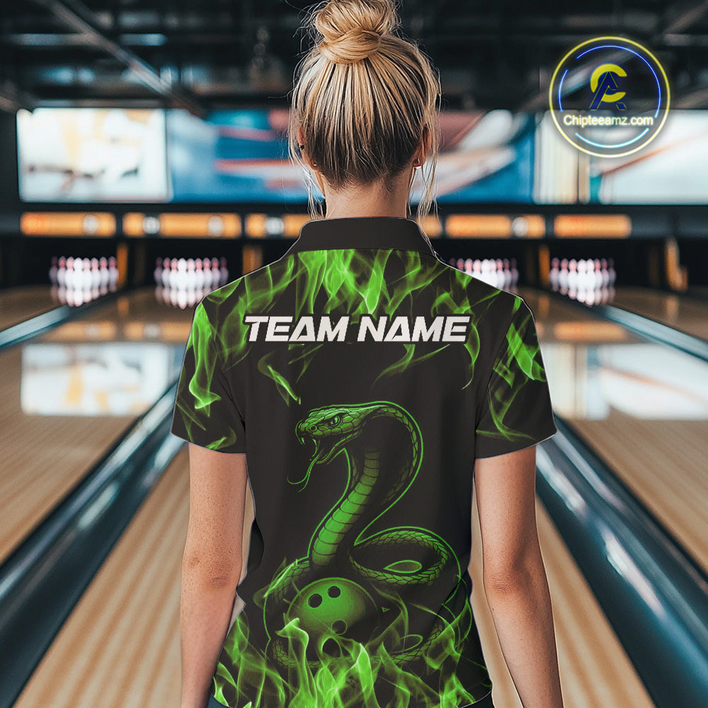 Custom Black And Green Flame Cobra Snake Bowling Women Polo Shirts, Bowling League Shirt IPHW9043