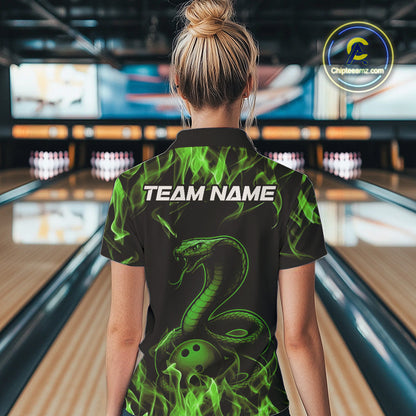 Custom Black And Green Flame Cobra Snake Bowling Women Polo Shirts, Bowling League Shirt IPHW9043
