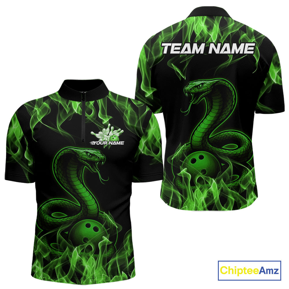 Custom Black And Green Flame Cobra Snake Bowling Men Quarter-Zip Shirts, Bowling League Shirt IPHW9043