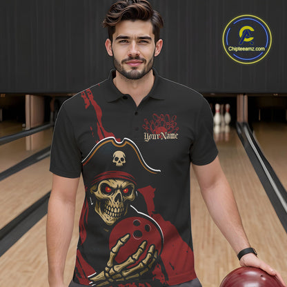 Custom Black And Red Pirate Bowling Men Polo Shirts, Bowling Team Bowling League Shirt IPHW9048