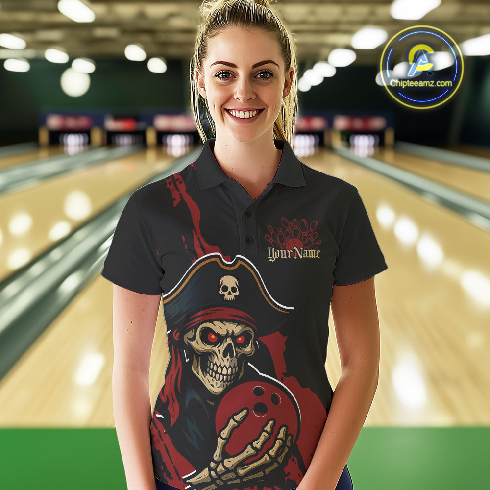 Custom Black And Red Pirate Bowling Women Polo Shirts, Bowling Team Bowling League Shirt IPHW9048