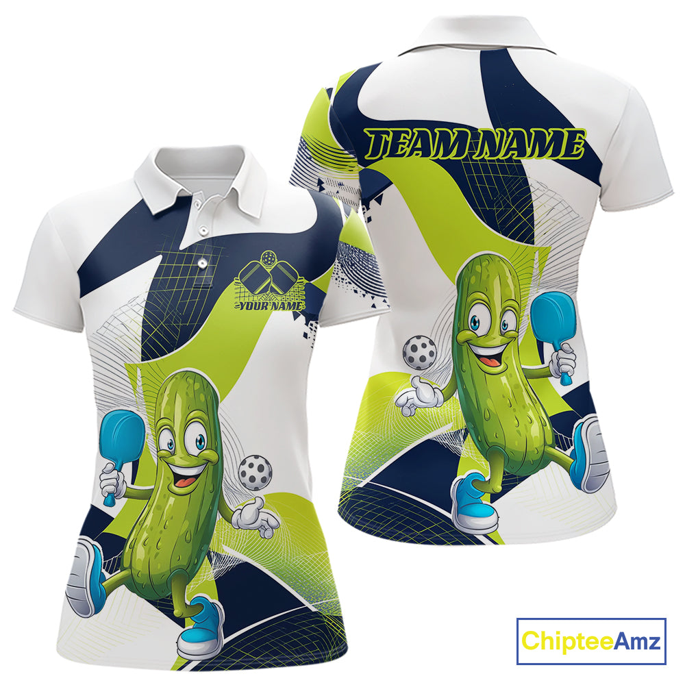 Custom Funny Pickleball Women Polo Shirts, Cool Pickles Playing Pickleball Humorous Shirt IPHW9441