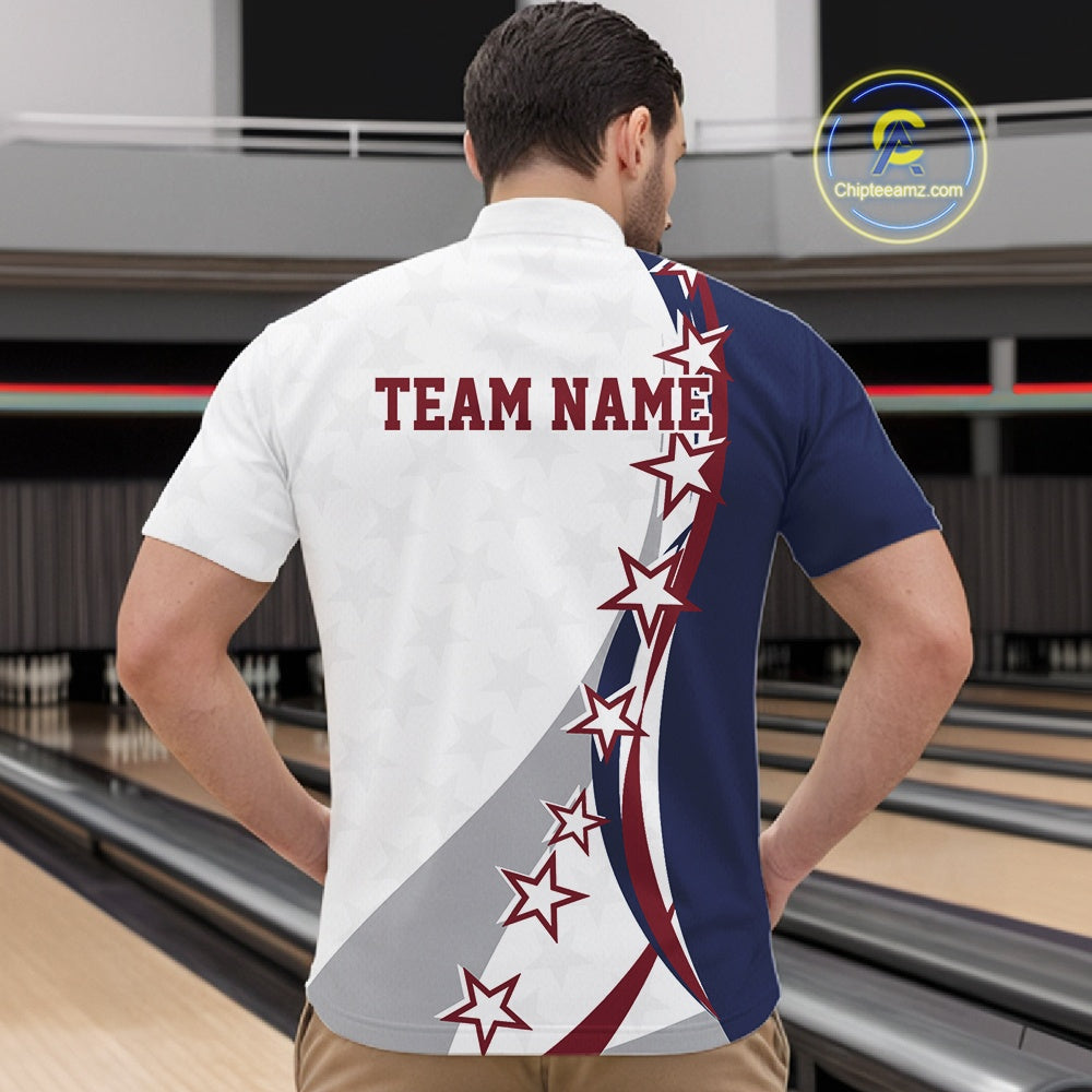 Front view of a male model in a bowling lane wearing a red, white, and blue quarter zip shirt with bowling artwork and stars.