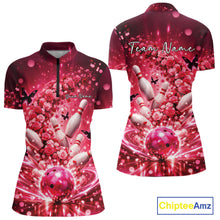 Load image into Gallery viewer, Custom Pink Roses And Butterfly Women Bowling Shirt, Flower Ladies Bowling Jerseys IPHW10893
