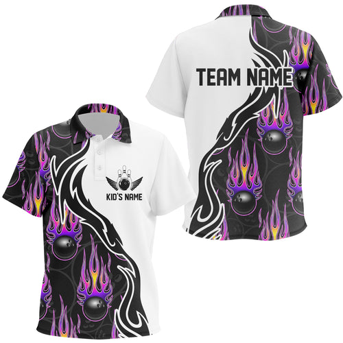 Custom Purple Flame Bowling Polo Shirts For Kid, Personalized Bowling Kid Jerseys IPHW4598