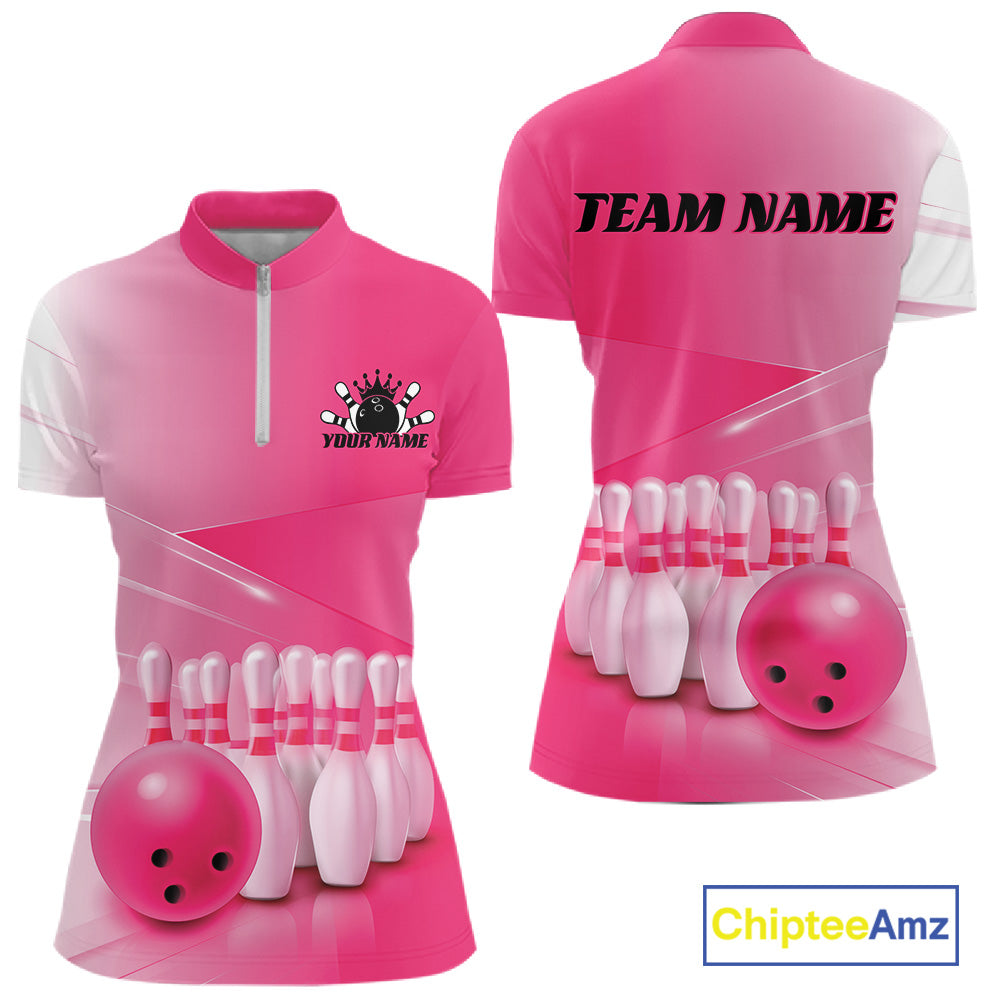 Front and back women’s bowling quarter zip mockup featuring bowling ball and pins artwork arranged within a pink gradient design.
