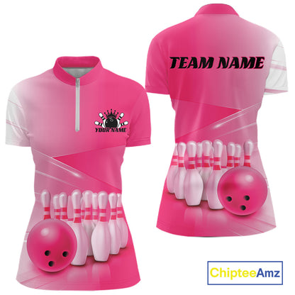 Front and back women’s bowling quarter zip mockup featuring bowling ball and pins artwork arranged within a pink gradient design.