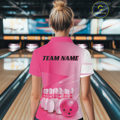 Back view female model at the bowling lane wearing a quarter zip shirt with bowling ball and pins arranged across a pink gradient layout.