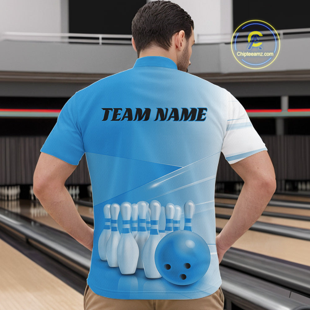 Front view of a male model in a bowling lane wearing a quarter zip shirt with bowling ball and pins arranged in a pink gradient layout.