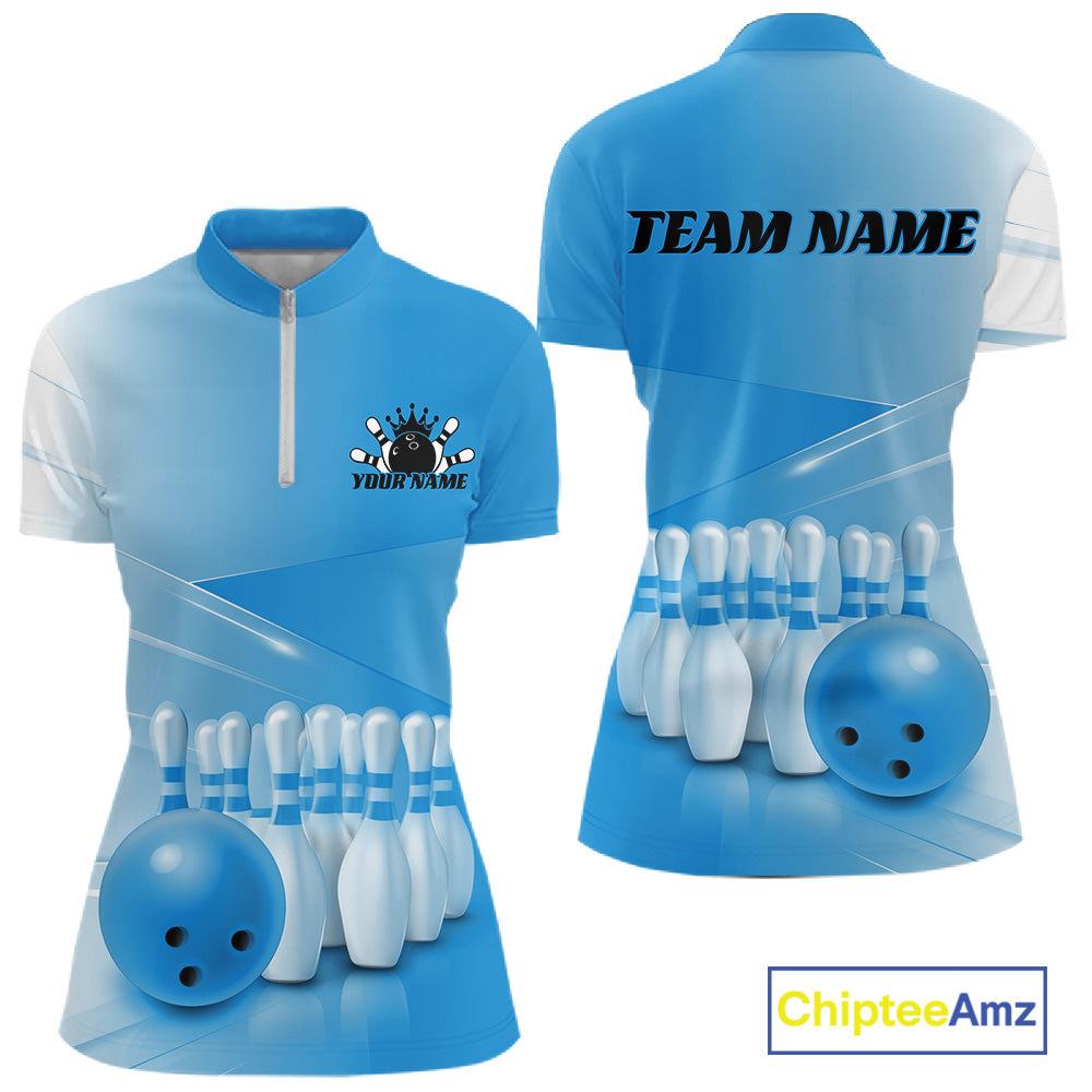 Front and back women’s bowling quarter zip mockup with bowling ball and pins motif arranged within a pink gradient layout.