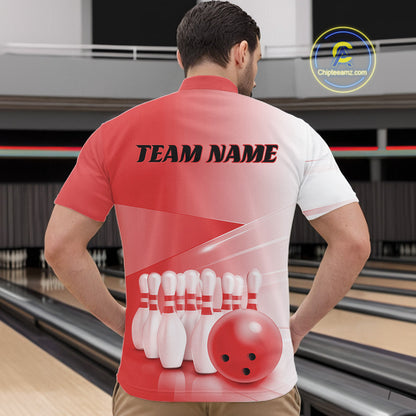 Front view male model at a bowling lane wearing a quarter zip shirt with bowling ball and pins arranged through a pink gradient pattern.