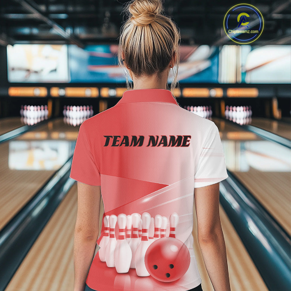 Female model back view in a bowling lane wearing a quarter zip shirt with bowling ball and pins arranged through a pink gradient design.