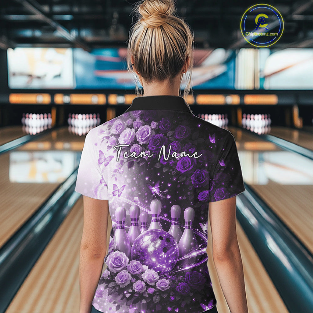 Custom Dreamy Purple Roses And Butterfly Women Bowling Quarter-Zip Shirt, Ladies Outfit IPHW10899