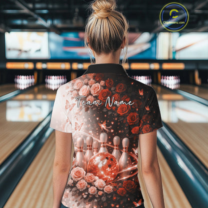 Custom Dreamy Orange Roses And Butterfly Women Bowling Polo Shirt, Ladies Bowling Shirt IPHW10900