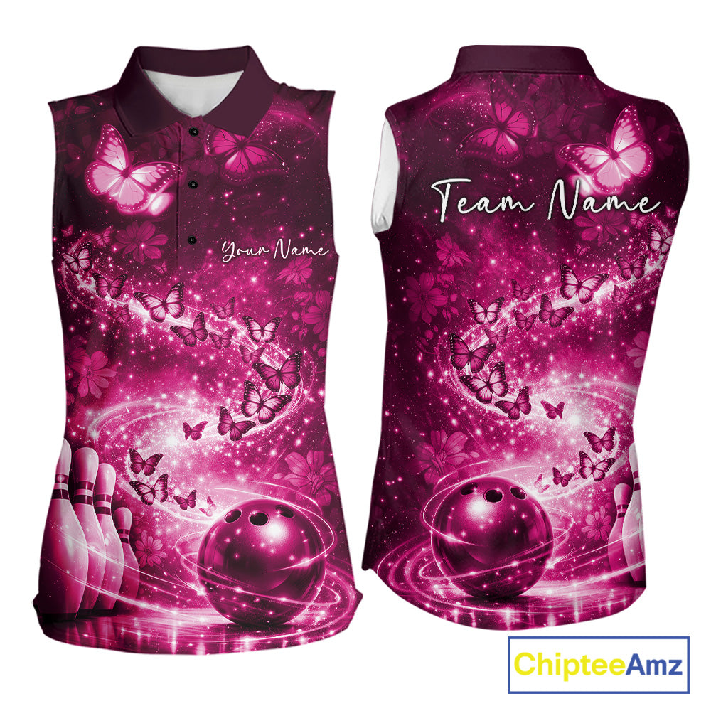 Custom Elegant Pink Butterfly Women Bowling Shirt, Ladies Bowling Team Outfit IPHW10909
