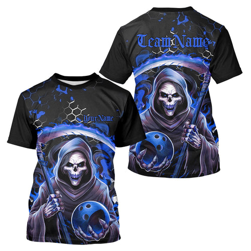 Custom Blue Flame Grim Reaper Bowling Men T-Shirts, Halloween Bowler Outfit IPHW6782
