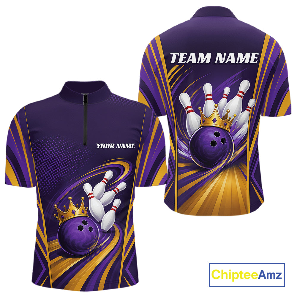 Custom Purple And Gold King Crown Bowling Team Men Quarter Zip Shirt, Bowling League Shirt IPHW11825