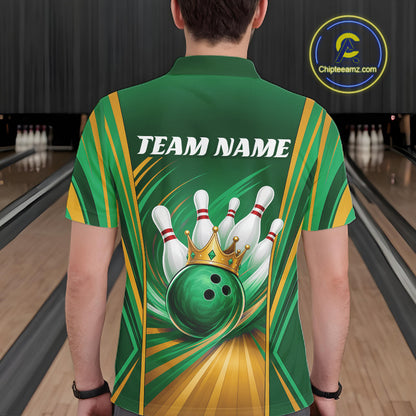 Custom Green And Gold King Crown Bowling Team Men Polo Shirt, Bowling League Shirt IPHW11826