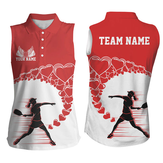 Custom Valentine Pickleball Women's Sleeveless Polo Shirts, Red Heart Pickleball Couple Shirt IPHW8105