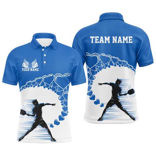 Custom Valentine Pickleball Polo Shirts For Men, Blue Heart Pickleball Couple Shirt IPHW8106