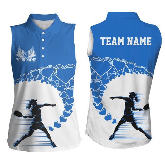 Custom Valentine Pickleball Women's Sleeveless Polo Shirts, Blue Heart Pickleball Couple Shirt IPHW8106
