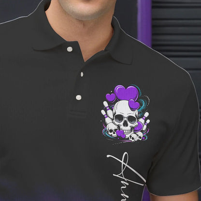 Custom Black And Purple Skull Valentines Day Couple Bowling Polo Shirts For Men IPHW8342