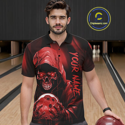 Red Bowling Grim Reaper Custom Men Bowling Polo Shirts Skull Bowling Team Jerseys IPHW10696