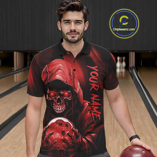 Red Bowling Grim Reaper Custom Men Bowling Polo Shirts Skull Bowling Team Jerseys IPHW10696