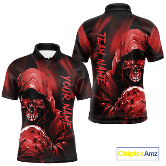Red Bowling Grim Reaper Custom Men Bowling Polo Shirts Skull Bowling Team Jerseys IPHW10696