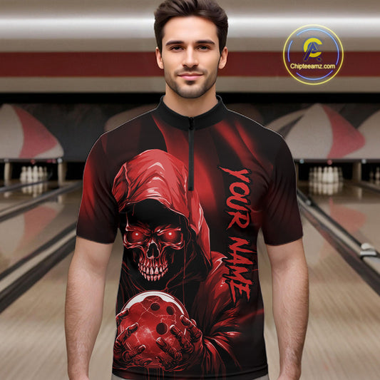 Red Bowling Grim Reaper Custom Men Bowling Quarter-Zip Shirts Skull Bowling Team Jerseys IPHW10696