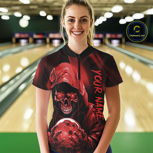 Red Bowling Grim Reaper Custom Women Bowling Quarter-Zip Shirts Skull Bowling Jerseys IPHW10696