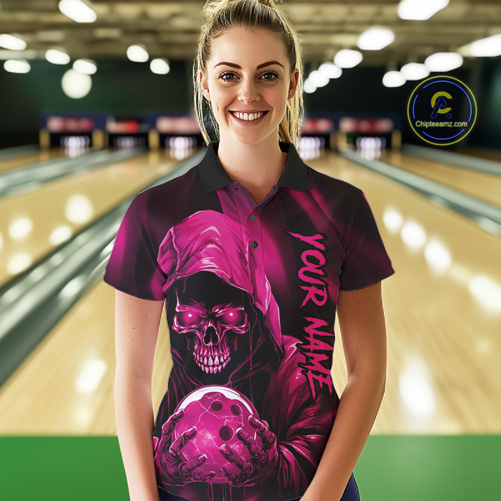 Pink Bowling Grim Reaper Custom Women Bowling Polo Shirts Skull Bowling Team Jerseys IPHW10697