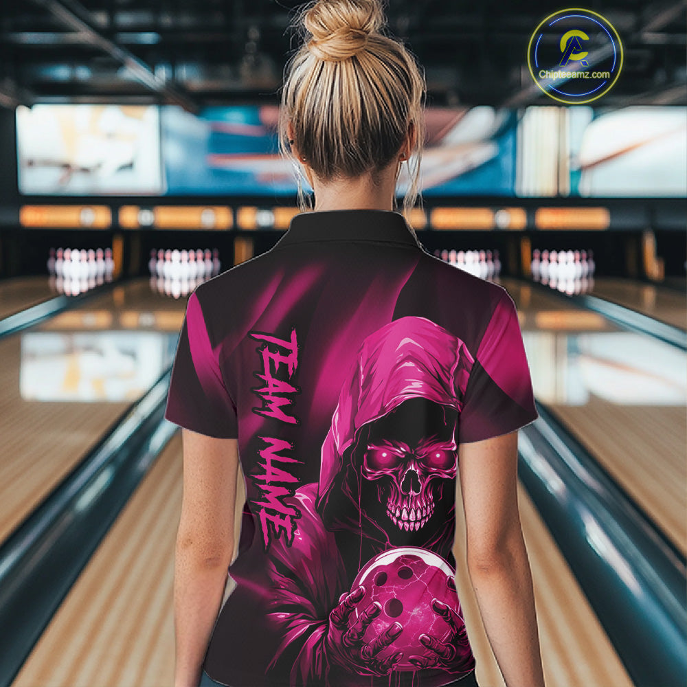 Pink Bowling Grim Reaper Custom Women Bowling Polo Shirts Skull Bowling Team Jerseys IPHW10697