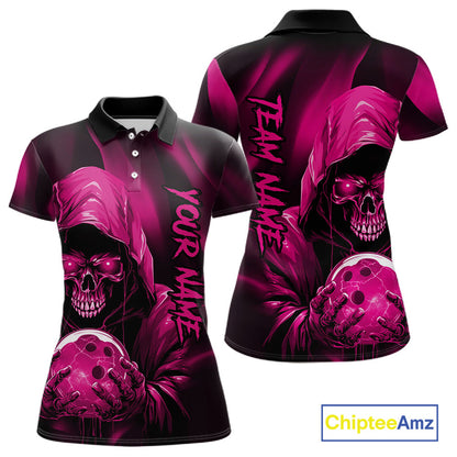 Pink Bowling Grim Reaper Custom Women Bowling Polo Shirts Skull Bowling Team Jerseys IPHW10697