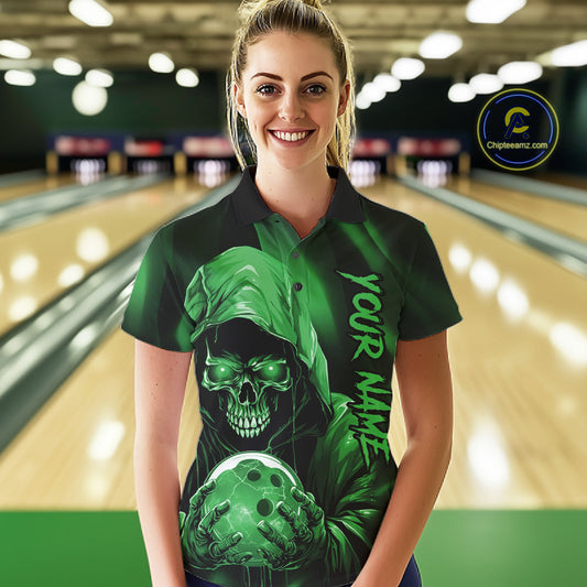 Green Bowling Grim Reaper Custom Women Bowling Polo Shirts Skull Bowling Team Jerseys IPHW10698