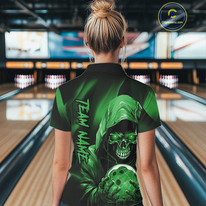 Green Bowling Grim Reaper Custom Women Bowling Polo Shirts Skull Bowling Team Jerseys IPHW10698