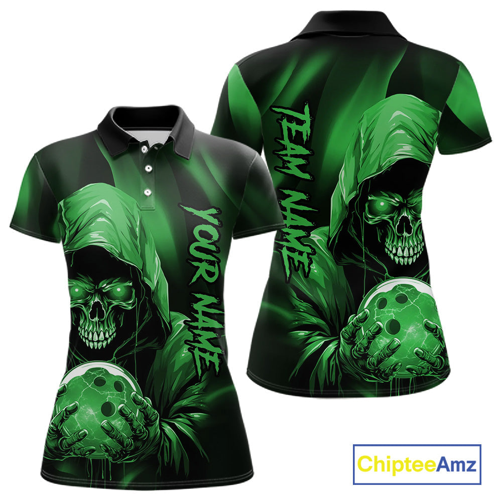 Green Bowling Grim Reaper Custom Women Bowling Polo Shirts Skull Bowling Team Jerseys IPHW10698