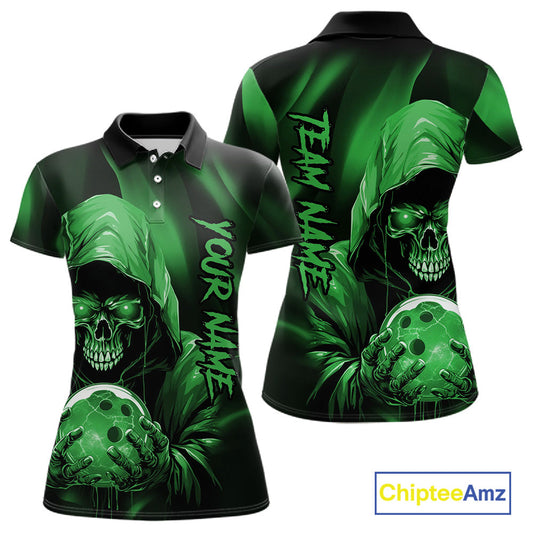 Green Bowling Grim Reaper Custom Women Bowling Polo Shirts Skull Bowling Team Jerseys IPHW10698