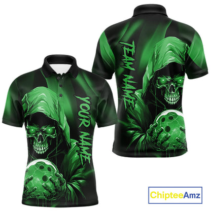 Green Bowling Grim Reaper Custom Men Bowling Polo Shirts Skull Bowling Team Jerseys IPHW10698