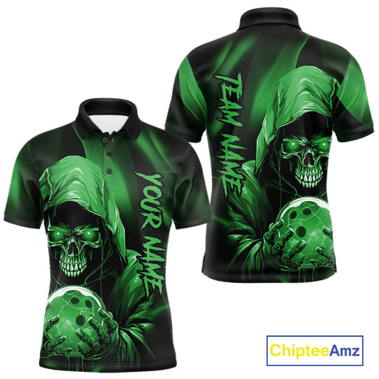 Green Bowling Grim Reaper Custom Men Bowling Polo Shirts Skull Bowling Team Jerseys IPHW10698