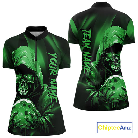 Green Bowling Grim Reaper Custom Women Bowling Quarter-Zip Shirts Skull Bowling Jerseys IPHW10698