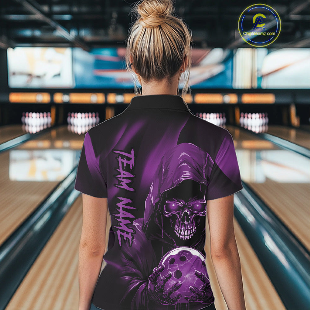 Purple Bowling Grim Reaper Custom Women Bowling Polo Shirts Skull Bowling Team Jerseys IPHW10699