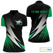 Load image into Gallery viewer, Black And Green Custom Bowling Jerseys, Women Quarter-Zip Shirt Bowling Tournament Outfit IPHW9079