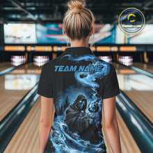 Load image into Gallery viewer, Custom Grim Reaper Bowling Women Quarter-Zip Shirt, Mid Blue Flame Skull Halloween IPHW9083