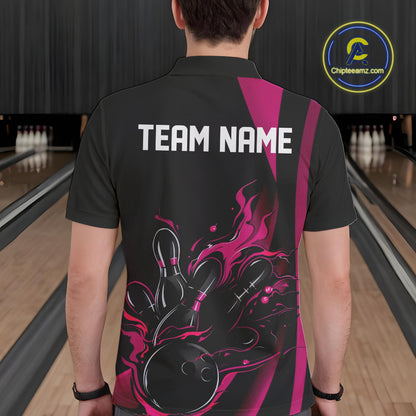 Custom Pink Flame Bowling Polo Shirts For Men, Striking Fire Jerseys Team Uniform IPHW9086