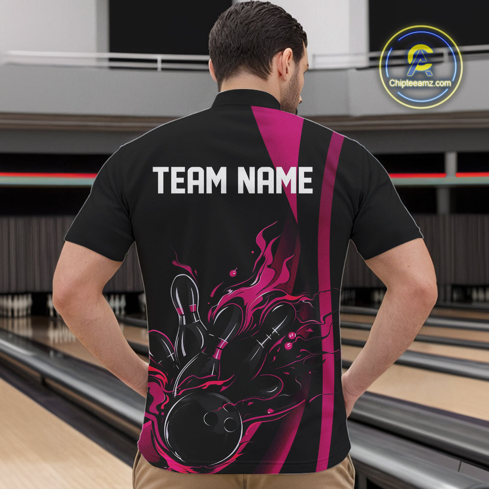 Custom Pink Flame Bowling Quarter-Zip Shirts For Men, Striking Fire Jerseys Team Uniform IPHW9086