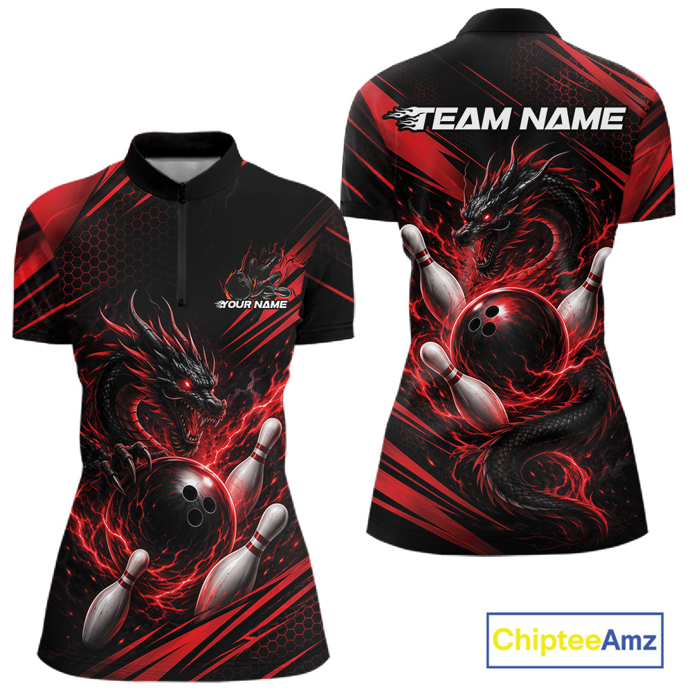 Custom Black And Red Flame Dragon Bowling Jersey, Dragon Bowling Women Quarter-Zip Shirt IPHW11833