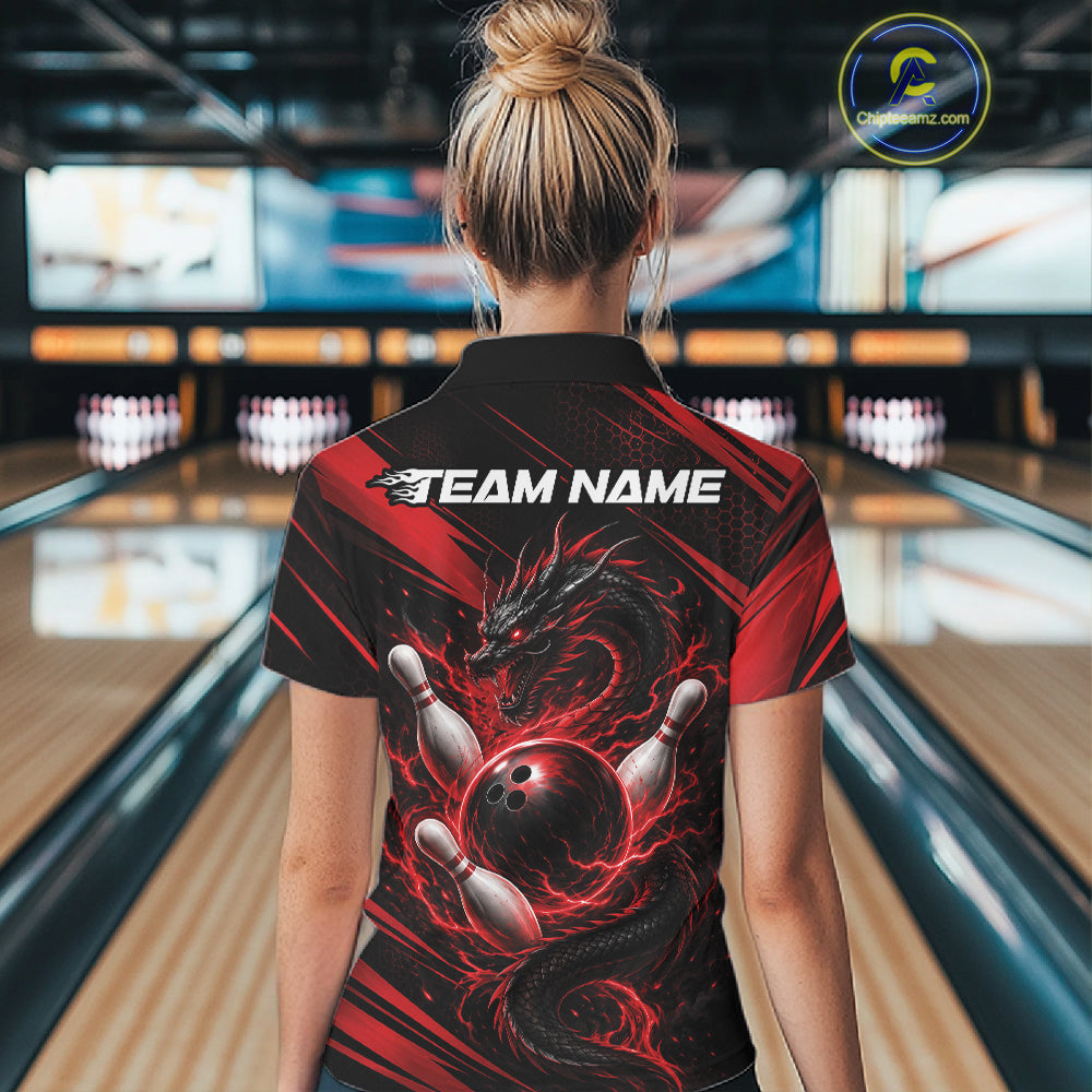 Custom Black And Red Flame Dragon Bowling Jersey, Dragon Bowling Women Quarter-Zip Shirt IPHW11833