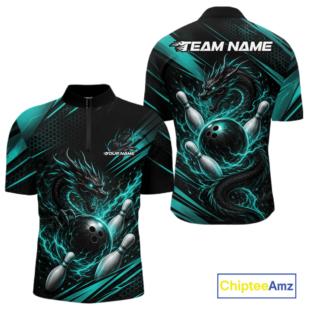 Custom Turquoise Blue Flame Dragon Bowling Jersey, Dragon Bowling Men Quarter Zip Shirt IPHW11834