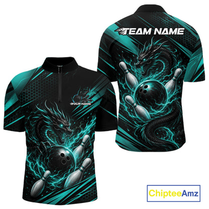 Custom Turquoise Blue Flame Dragon Bowling Jersey, Dragon Bowling Men Quarter Zip Shirt IPHW11834